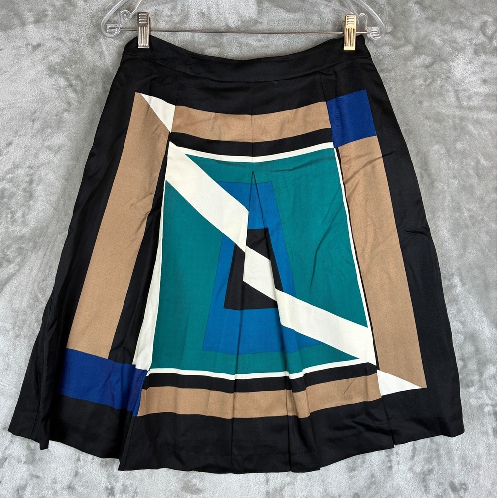 Hobbs London Geometric Abstract Pleated Midi Skirt Black Teal Tan Size 10